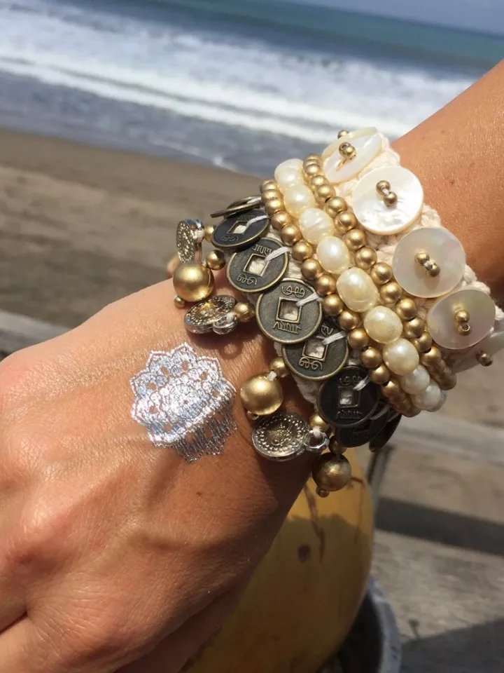 Boho Hippie Coachella Pearl Chinese Coin Bracelet | Macrame crochet tie bracelet | Bohemian Jewerly | shell bracelet bali crochet bohemian