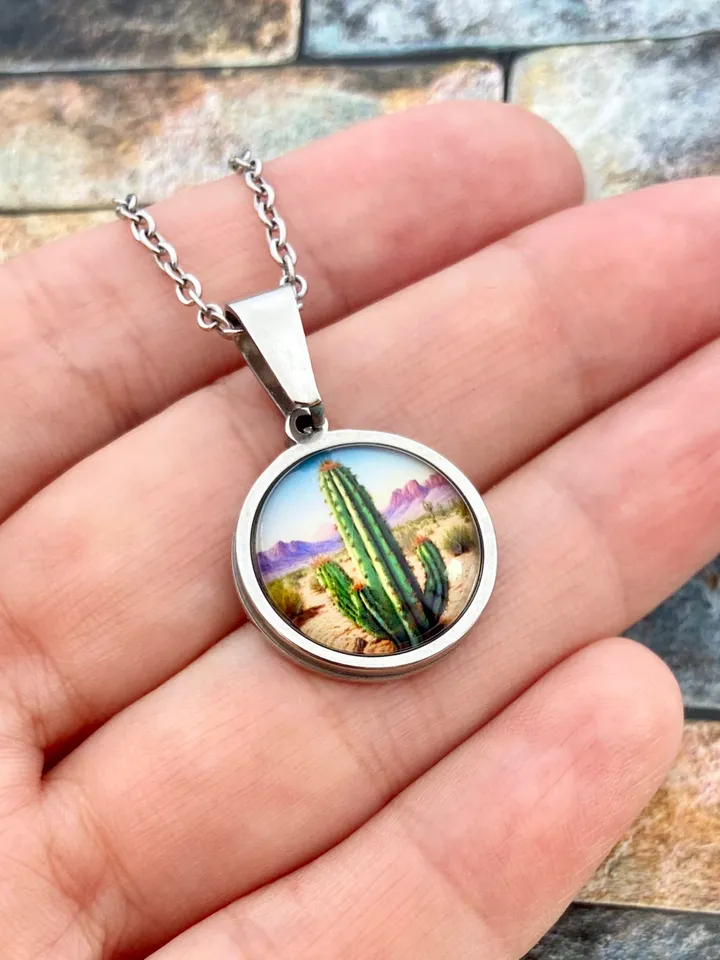 Cactus necklace, steel pendant with glass, Cactus lover gift