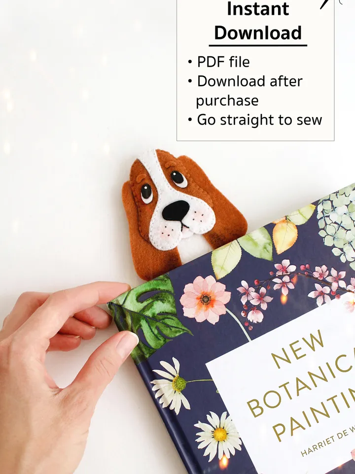 Felt long Basset hound bookmark hand sewing PDF tutorial with patterns. DIY dog breed bookmark. Book and pets lover gift. Felt school supplies