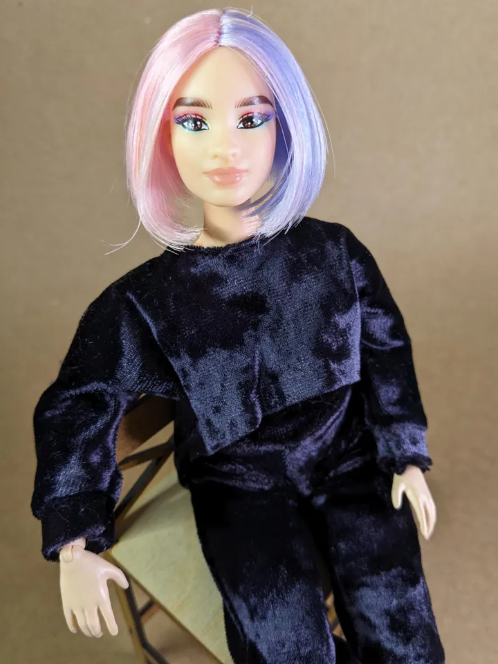 Handmade casual purple velvet two-piece set (long-sleeve and pants) for 1/6 scale fashion female dolls