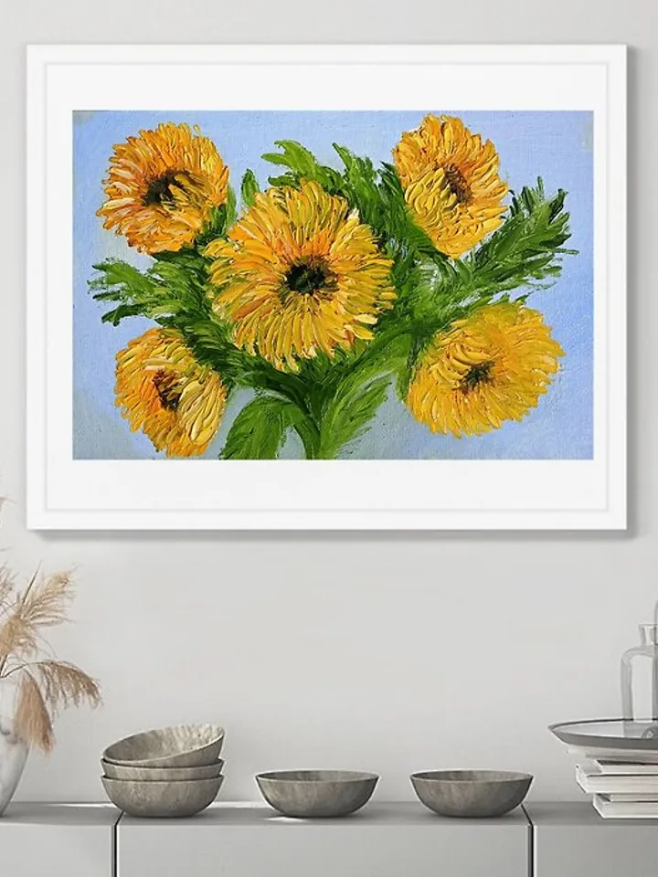 Oil Painting Bright Flowers Chamomile Sunflowers Impasto Art Miniature 20x30 cm