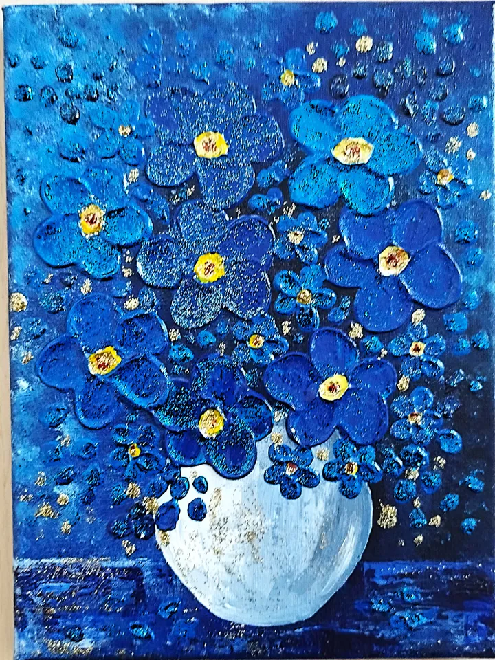 Flower Bouquet Blue Textured Painting Wall Decor