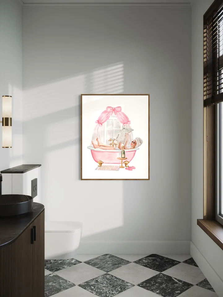 Pink Bathroom Vintage Bow Watercolor Print, Woman Drinking Art, Pink Bow, Pink Bathtub, Boho Bathroom, Bath Decor, Gift For Her, Bathtub Art