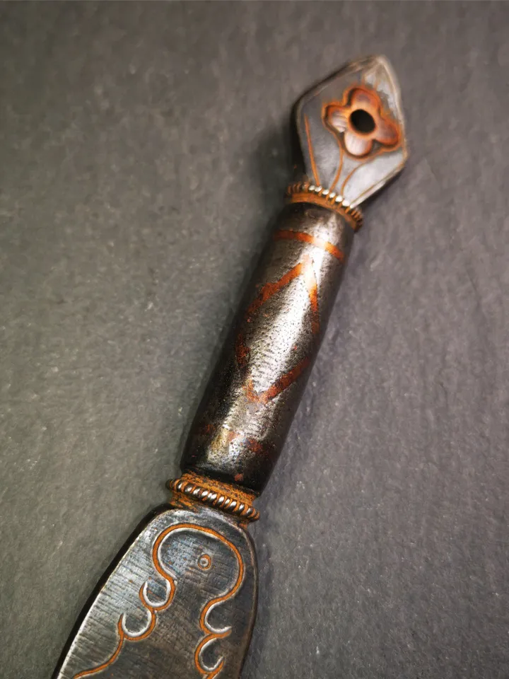 Gandhanra Handmade Tibetan Buddhist Ritual Implement - Kila -Dorje Phurba,Made of Cold Iron inlaid with Copper,5.5"