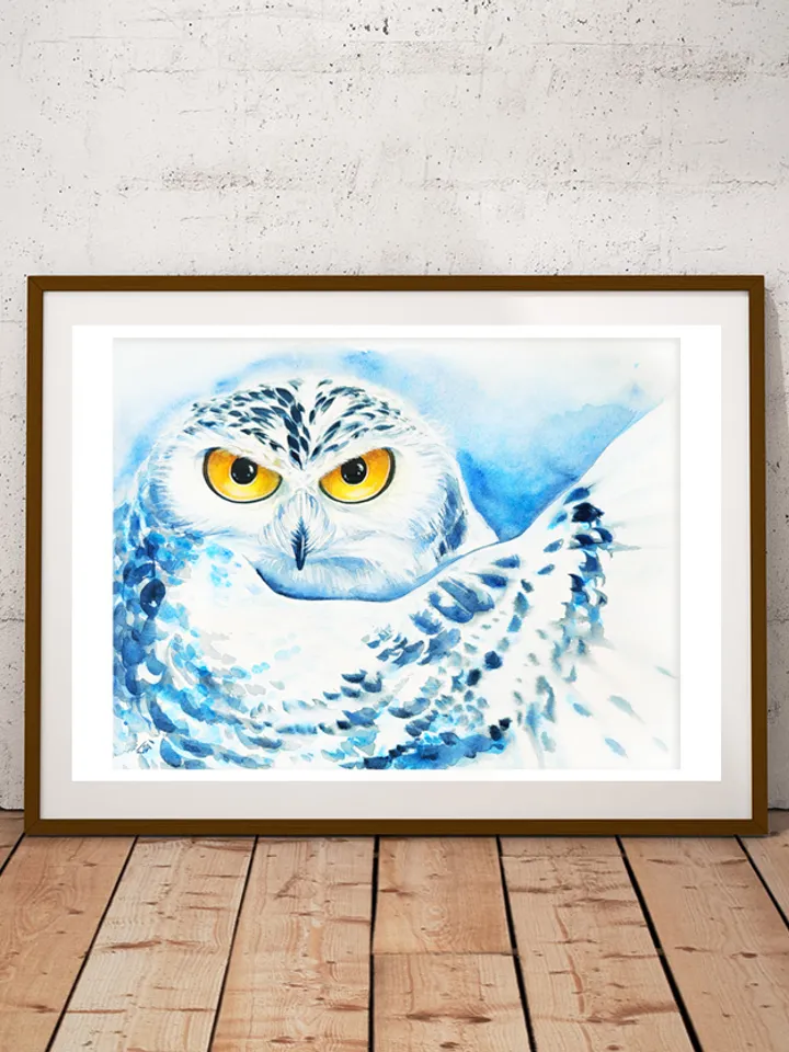 White Owl Art Print, Printable Download, Blue Watercolor Print, Wild Animal, Wall Decor, Prints Wall Art, Forest Nature Eco