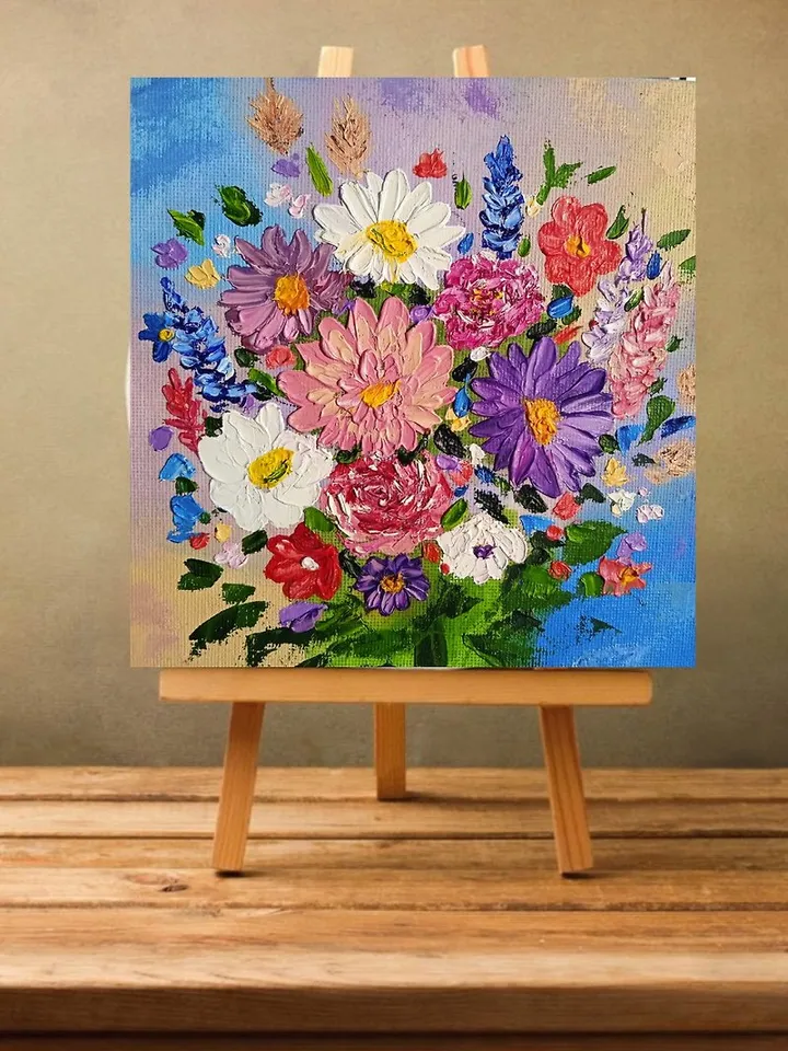 Oil Painting Bright Flowers Chamomile Roses Artistic Miniature Impasto 6 x 6 inc