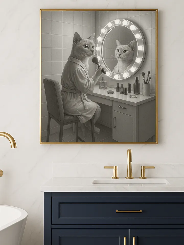 Funny Cat Vanity Wall Art, Elegant Kitty Applying Makeup Print, Cute Bathroom or Bedroom Humor, Digital Download