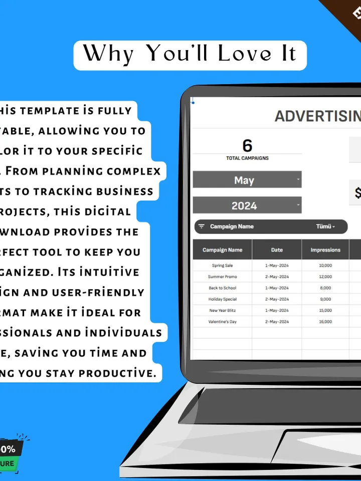 Advertising Campaign ROI Tracker Template, Marketing Return on Investment Calculator, Campaign Performance Tracker