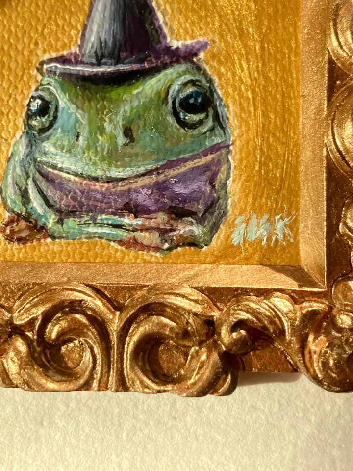 Framed Frog Painting Original Witch Frog Artwork Amphibians Art Tiny Oil Painting