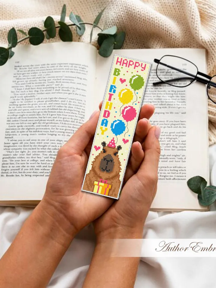 Birthday bookmark cross stitch pattern PDF download Funny capybara cross stitch chart, Bookmark pattern digital PDF, Happy birthday #B461