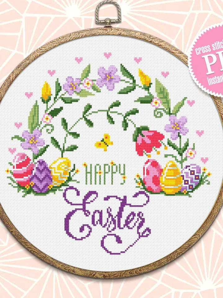 Happy Easter cross stitch pattern PDF Floral rainbow cross stitch chart, Easter rainbow design Instant download PDF, Easter home decor #T6