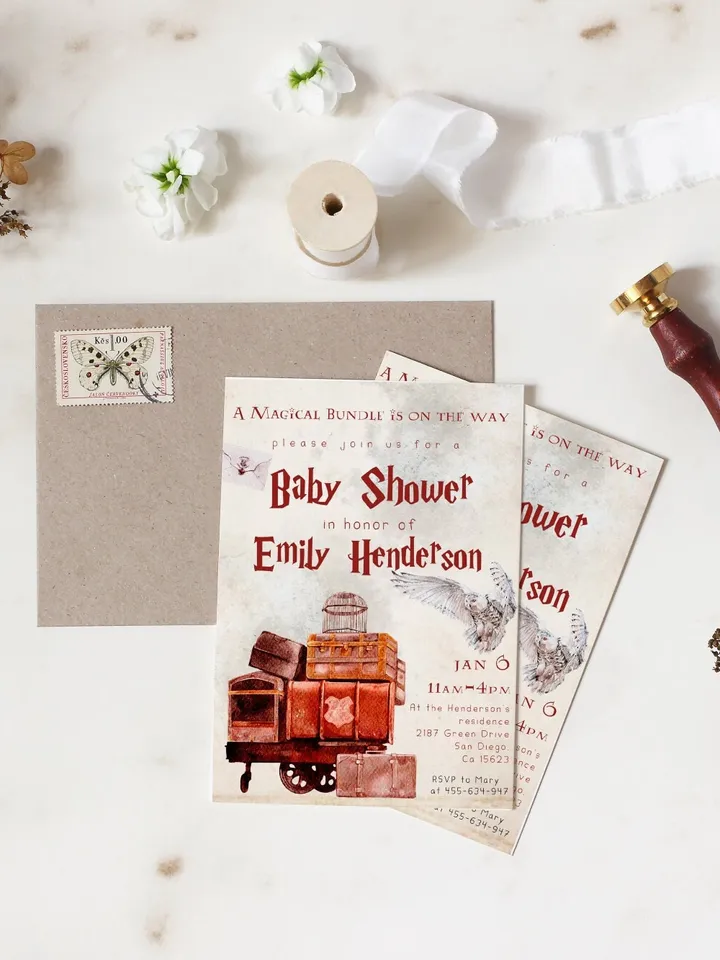 Wizard Baby Shower Invitation; Magic School Baby Schower Invite template; A Magical Bundle on the Way; Magic School Invite editable canva