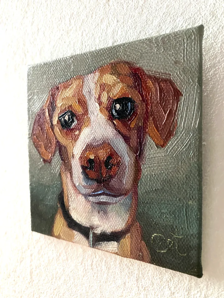 Dog oil painting original, Pet portrait artwork, Animal miniature wall art 4x4