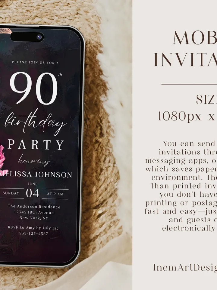 90th Birthday Invitation for women – Moody Burgundy & Blush Peony Floral Invitation, Elegant Dark Men Birthday Party Invite Canva Template