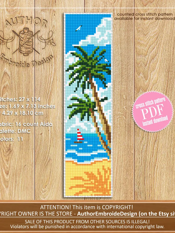 Bookmark beach cross stitch pattern digital PDF Handmade bookmark nature embroidery beginners Instant download Gift for book lover #B22