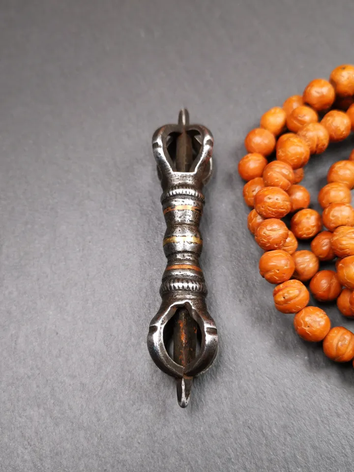 Gandhanra Vintage Five-pronged Vajra Dorje,Tibetan Buddhism (Vajrayana) Ritual Implement,Made of Cold Iron,Inlaid Copper Wire,30 Years Old