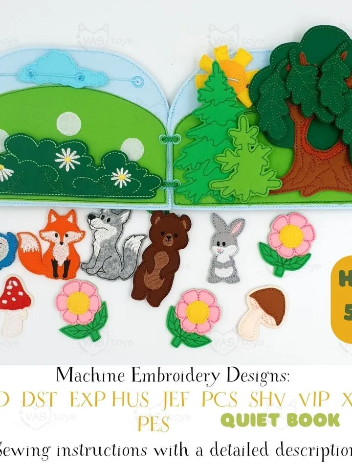 Forest Quiet Book Pages ITH Embroidery Design Set (2pg), Woodland Animals Felt Activity Book Pattern, 5x7 Hoop Download