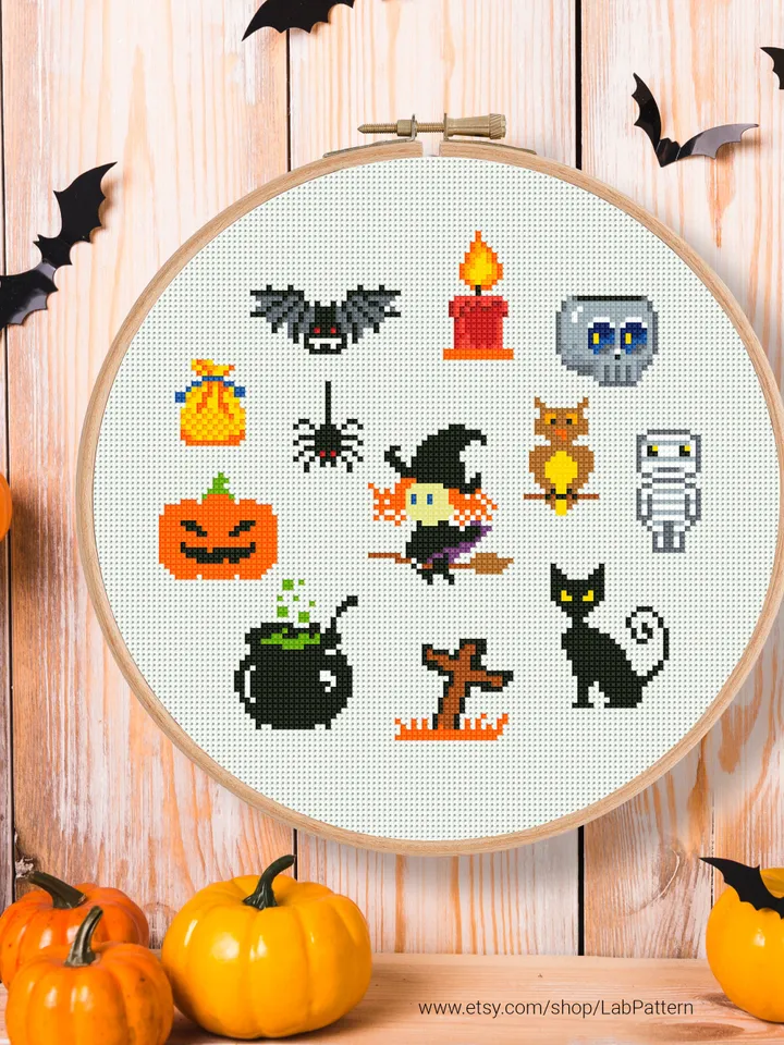 Mini Halloween collection cross stitch pattern, pumpkin, Trick or Treat, holiday decor, counted, chart, gift DIY, embroidery, instant PDF