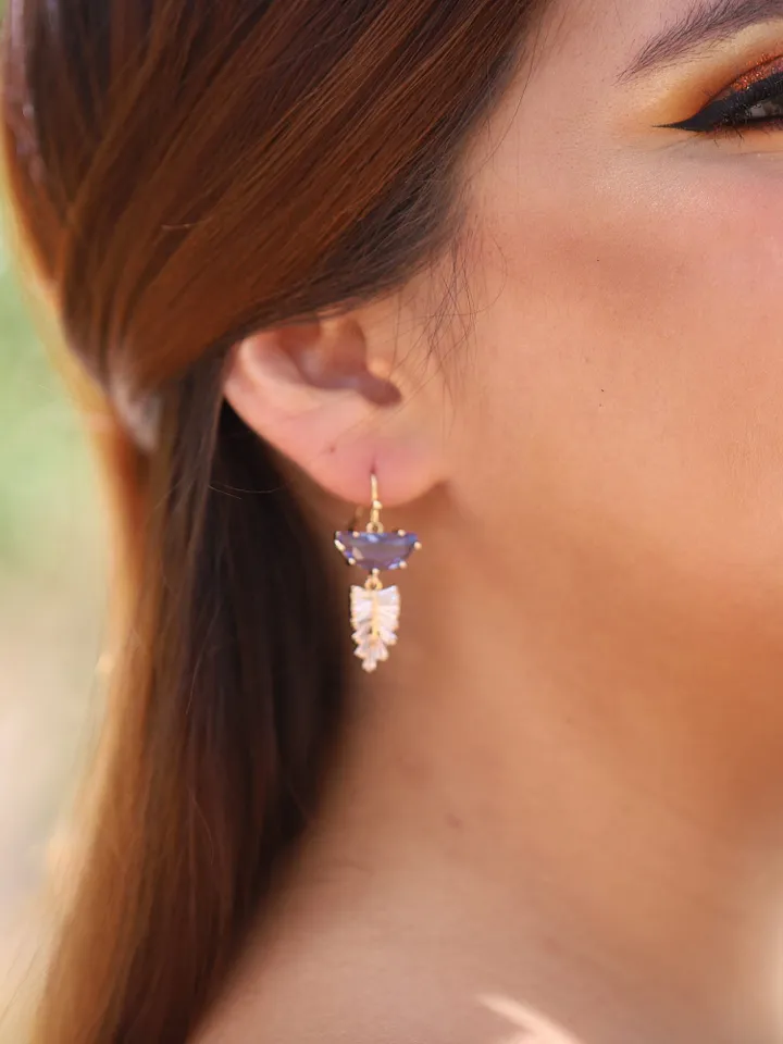 Gold Blue Art Deco Wedding Earrings For Bride, Boho Bridal Earrings, Chandelier Stetement Earrings, Teardrop Earrings, Blue Bridal Jewelry