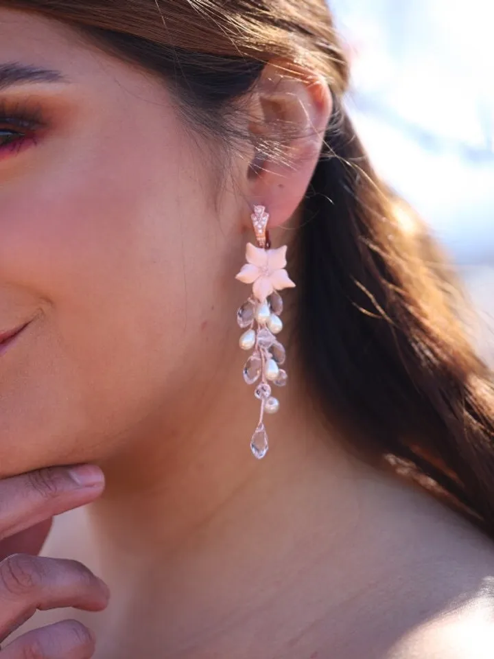 Rose Gold Delicate Porcelain Flower Blush Wedding Earrings, Long Boho Wedding Earrings, Pearl Bridal Jewelry Set, Floral Statement Earrings