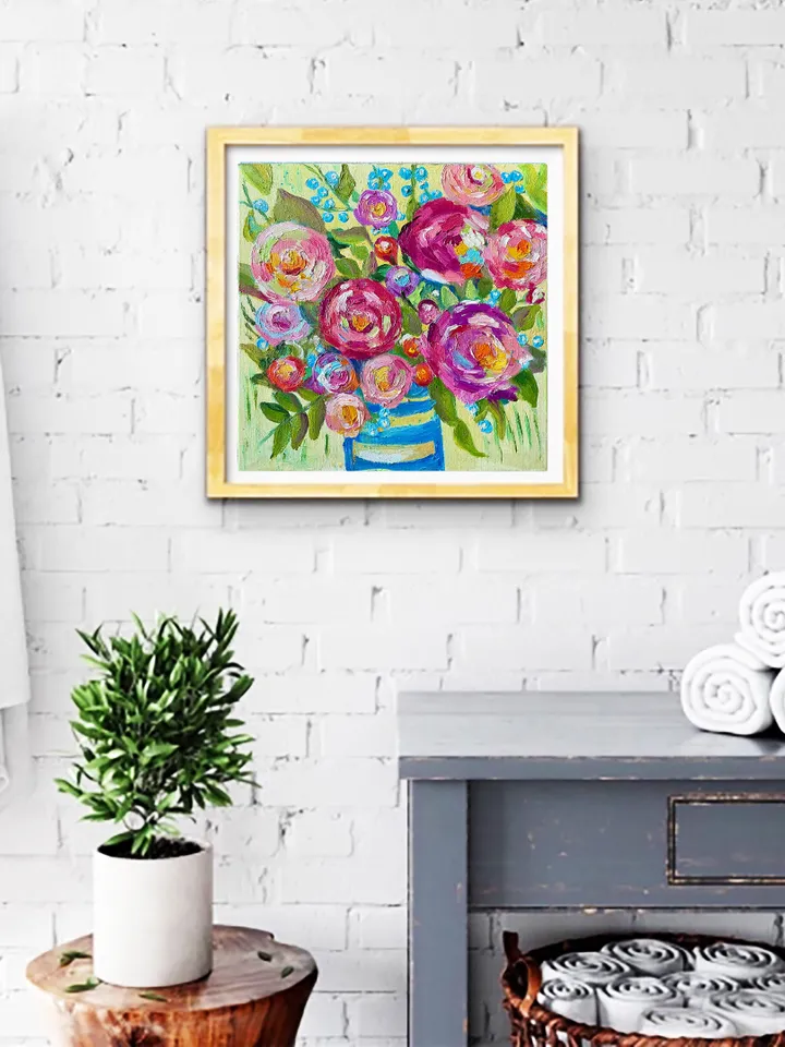 Roses bouquet painting, Original oil Painting on canvas, Flower fauvist art, floral wall art