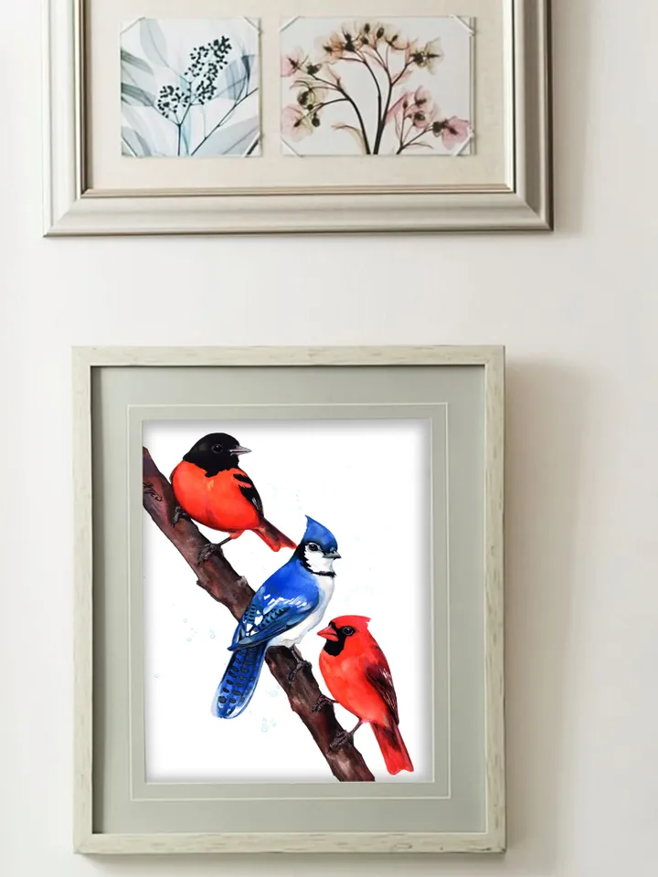 3 birds Original watercolor, bird painting, wall decor, birds lover gift, 8x11 in handmade art by Anne Gorywine