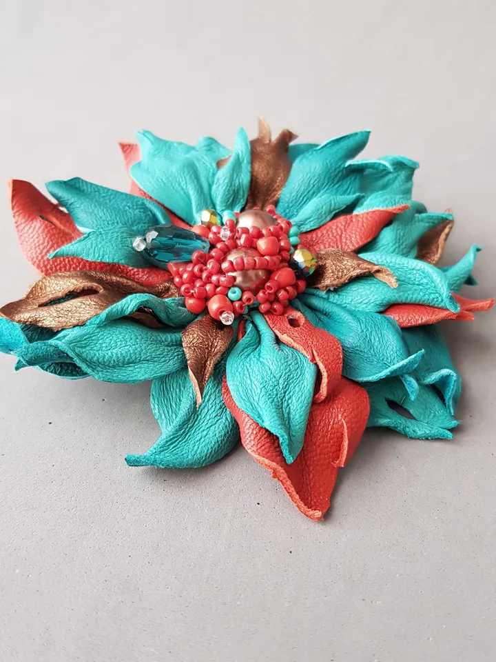 Turquoise leather brooch for her , 3rd anniversary gift for wife, Leather women's jewelry