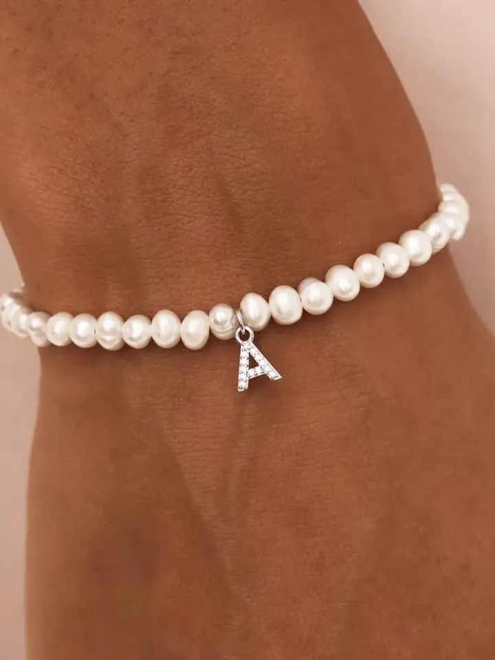 Bracelet, pearl, silver 925 with a silver pendant in the shape of the letter A