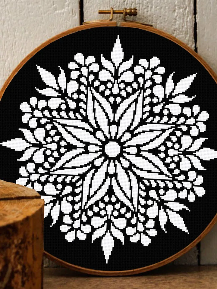 Flower mandala cross stitch pattern download PDF Simple mandala embroidery PDF Monochrome cross stitch chart Modern quick cross stitch #M100
