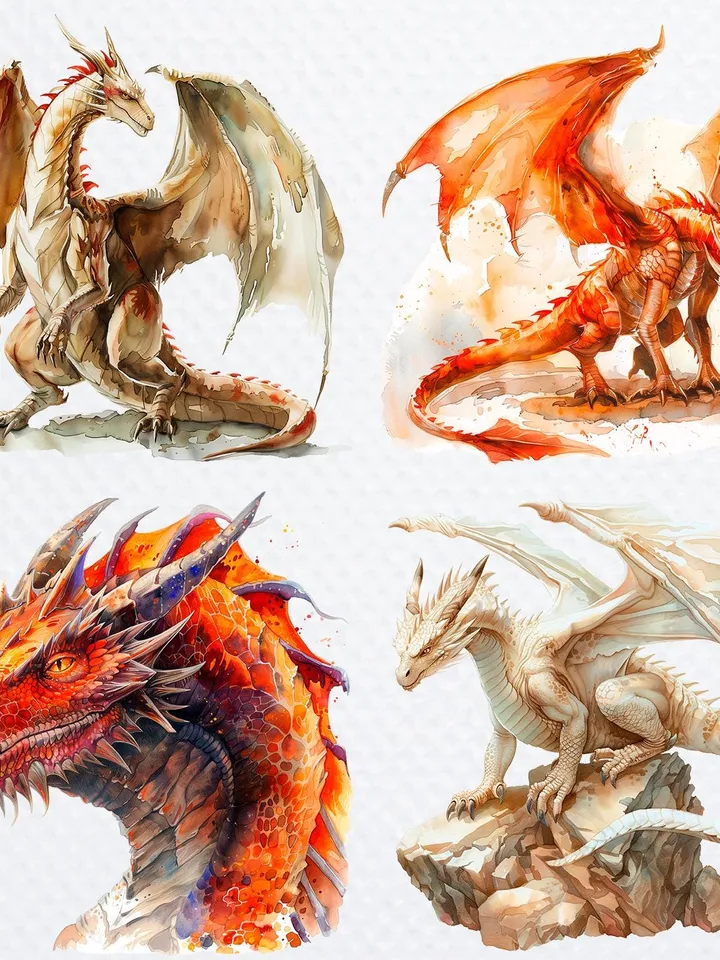 12 Dragon PNG Bundle, Chinese Dragon PNG, Printable Watercolor clipart, High Quality PNG, Digital download, Paper craft, junk journals