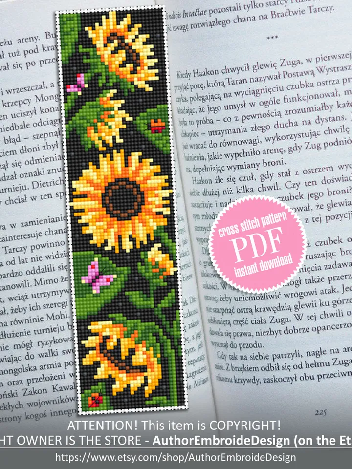 Flower bookmark sunflower cross stitch pattern download PDF Handmade bookmark digital PDF Floral cross stitch chart, Sunflower pattern #B196