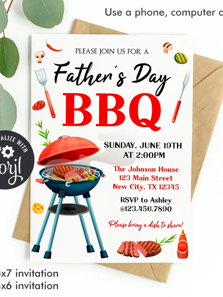 Father's Day BBQ Invitation, Father's Day Invitation, Barbeque Invitation, Editable Template Instant Download