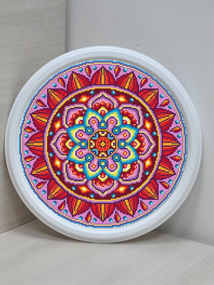 Bright mandala cross stitch pattern download PDF, Mandala ornament cross stitch chart, Modern beginner stitch, Colorful awesome pattern #M93