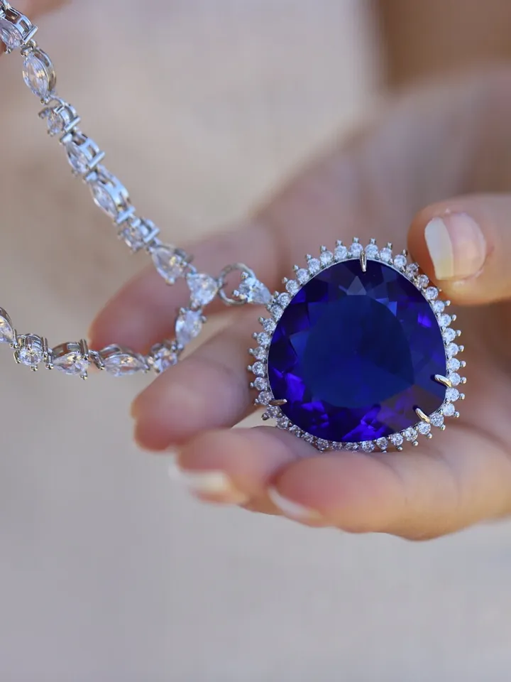 Cubic Zirconia Titanic Necklace Heart of Ocean Heart Blue Full Diamond CZ Wedding Anniversary Jewelry Gift For Her Party Bridal Necklace