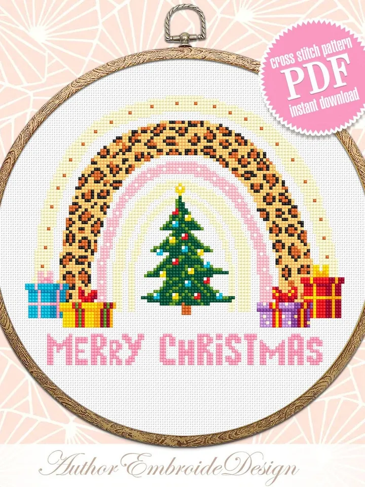 Christmas leopard rainbow cross stitch pattern PDF download, Christmas tree cross stitch, Christmas pattern digital PDF, Handmade gift #N137