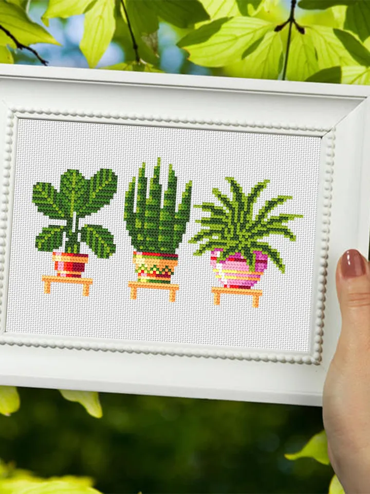 Potted plants cross stitch pattern download PDF, Small floral cross stitch chart, House plant hand embroidery PDF, Quick beginner stitch #P4