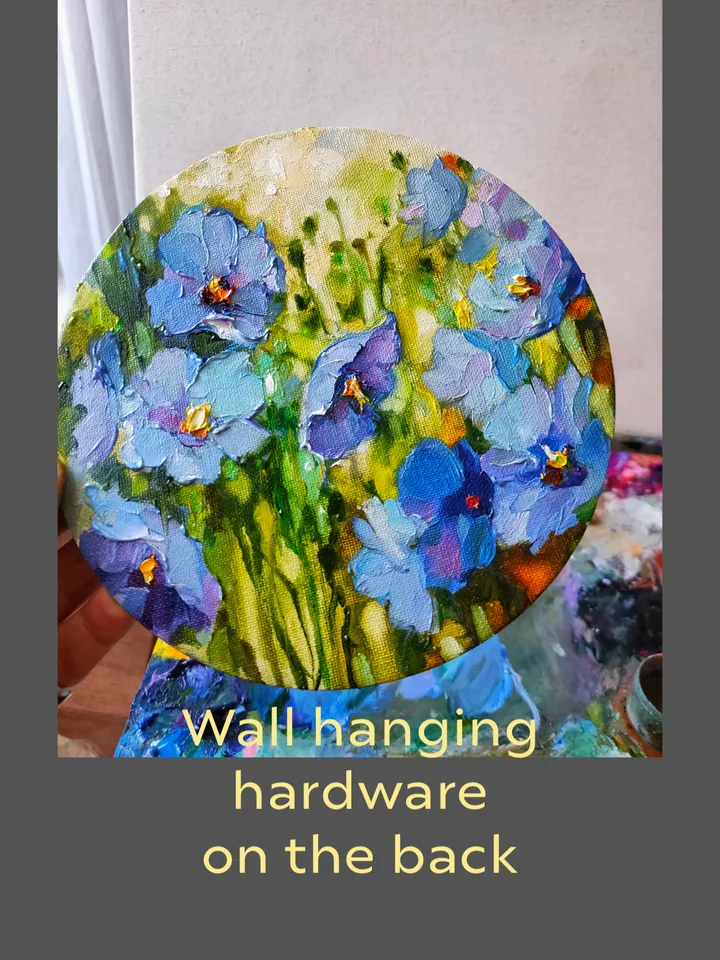 Flowers Blue Poppies Original Oil Painting Canvas on Cardboard Diameter 8 inches Flowers Painting Impasto Art Blue Flowers Wall Art by Natalia