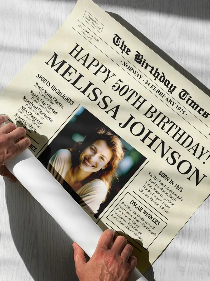 50th Birthday Newspaper Poster for Dad or Mom – Born in 1975 Sign, Back in 1975 Printable Gift, Vintage 50th Birthday Decorations