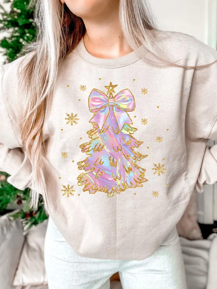 Iridescent Christmas Tree PNG, Coquette Christmas Png, Iridescent Christmas Png, Girly Christmas Png, Colorful Glitter Christmas Tree Png