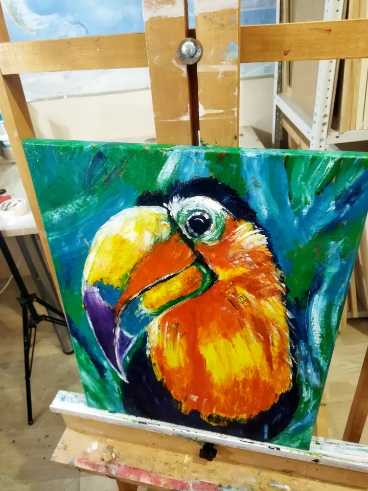 Oil painting on canvas with a bird