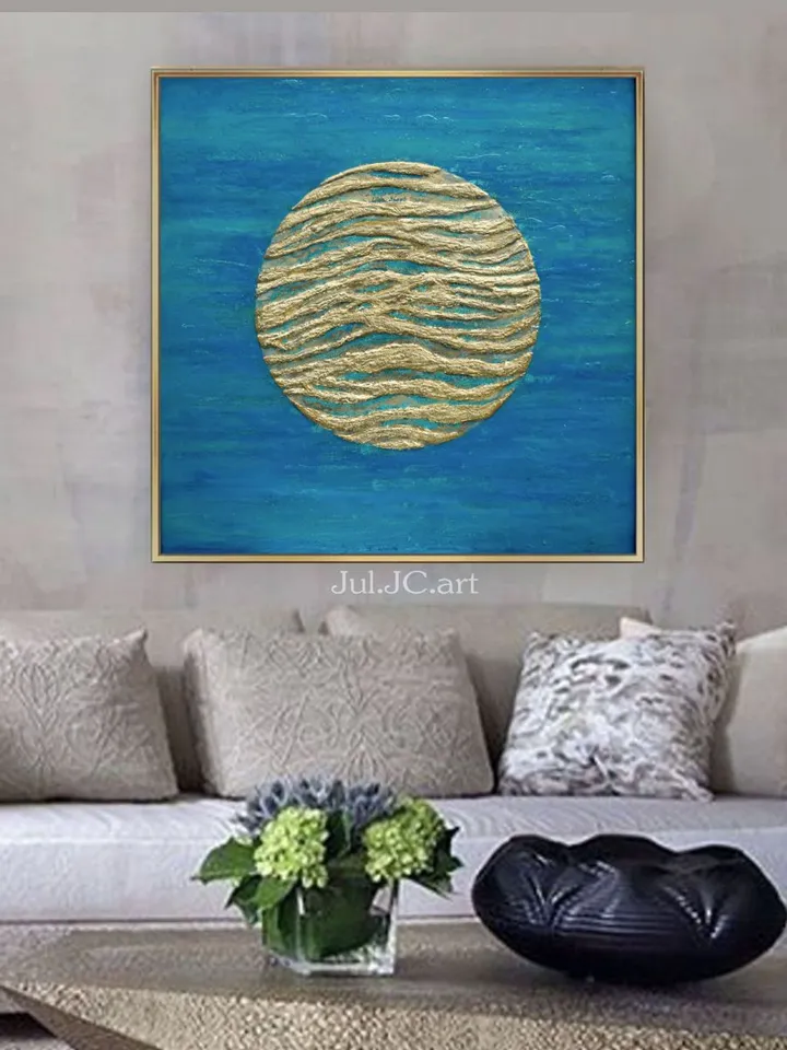 Gold Moon Painting Blue Turquoise Abstract Original Wall Art Modern artwork Glittery resin wall art