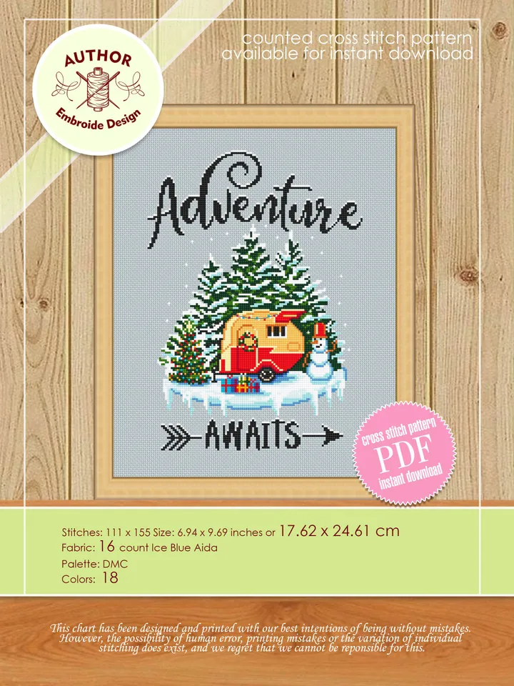 Adventure awaits cross stitch pattern download PDF Winter camping cross stitch Nature landscape embroidery PDF DIY Christmas decor #L14