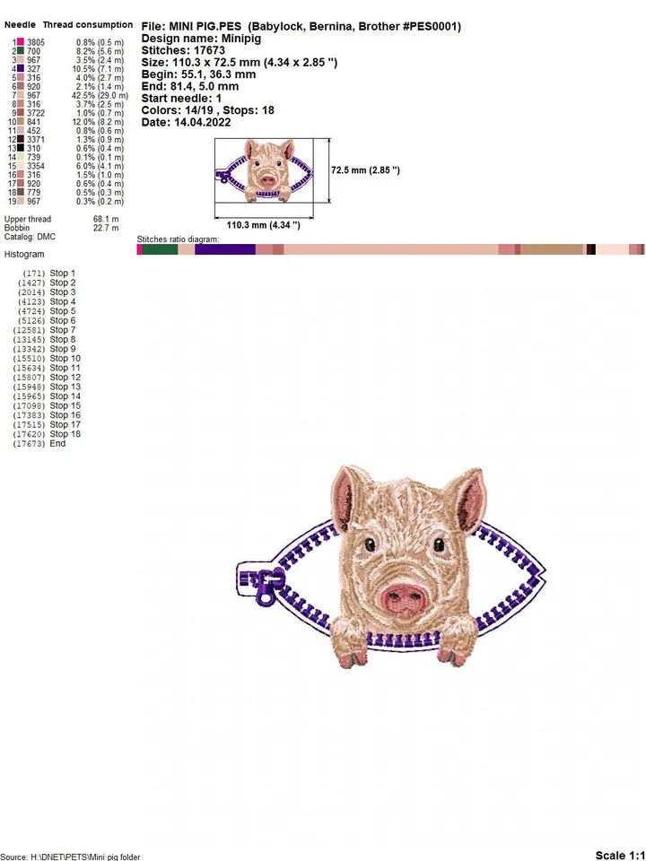 Mini pig in a zipper pocket Miniature realistic machine embroidery design Pet design piglet realistic pattern pig embroidery motif