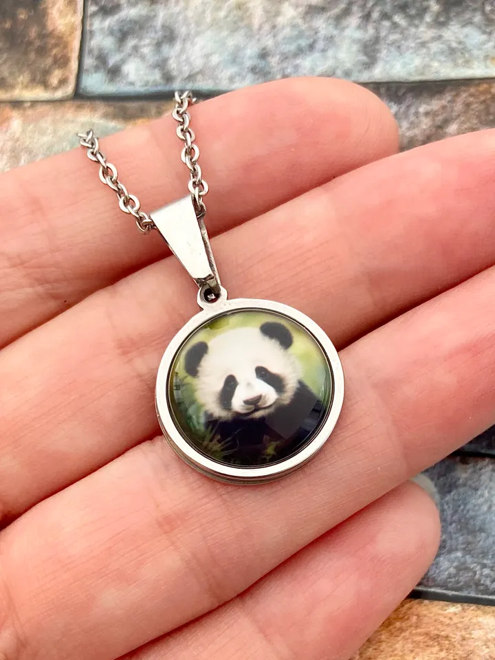 Panda necklace, steel pendant with glass, Panda lover gift