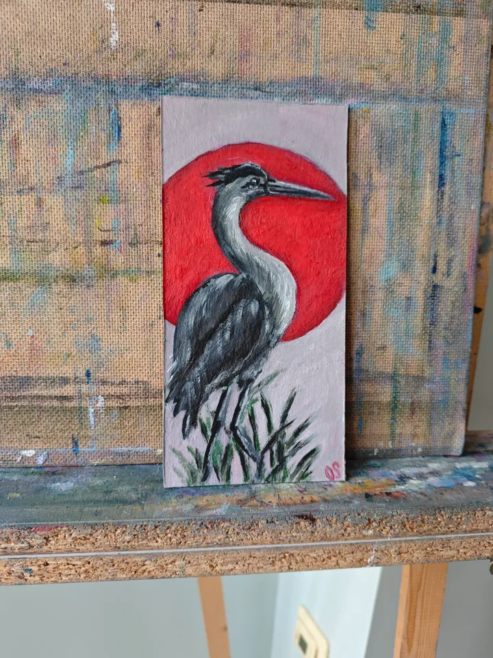 Japanese Crane Bird Original Painting Crane Bird Artwork Japanese Style Crane Modern Art Japanese Crane Red Sun Oil Painting 4 x 8 inches by OlgaSokolovaArt