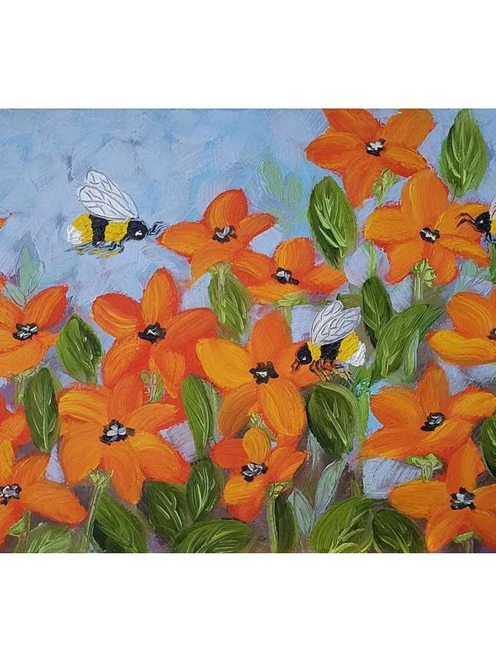 Bee Painting Poppy Original Art Floral Wall Art Flower Oil Painting