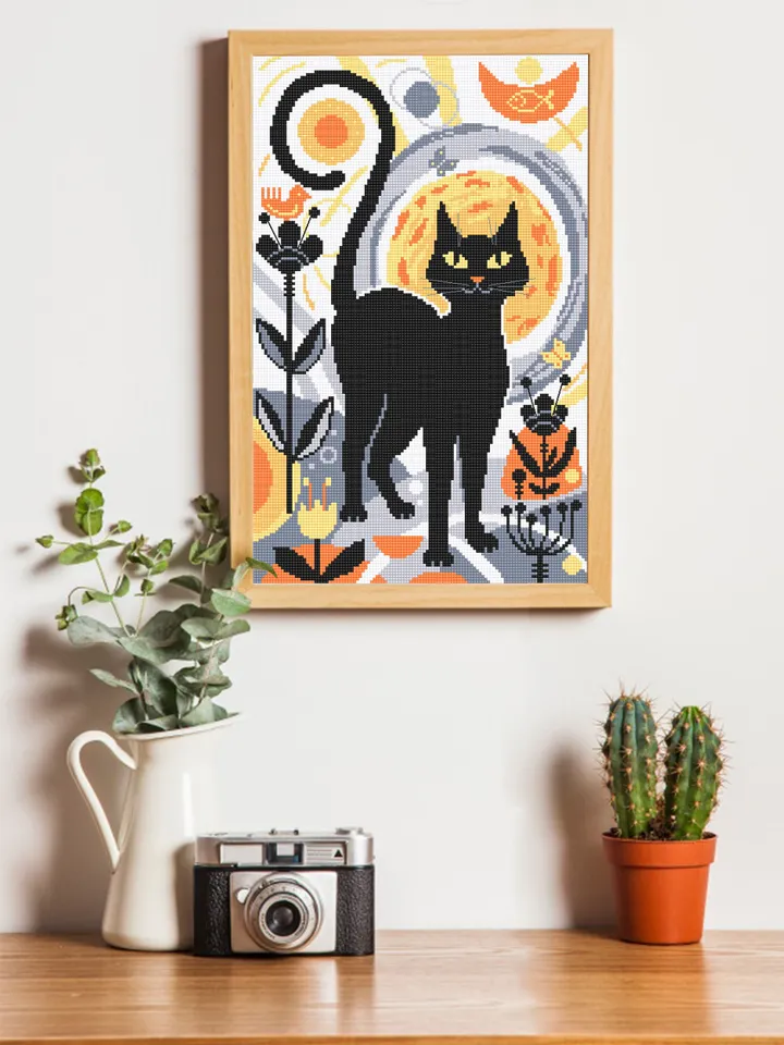 Boho cat cross stitch pattern PDF download Boho cross stitch chart, Abstract pattern digital PDF, Black cat embroidery, Boho wall decor #K22