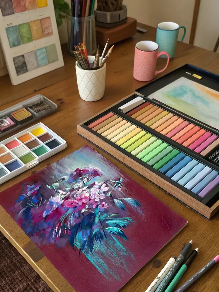 Vibrant Floral Pastel Painting on Deep Red – Original Artwork by IrenFfantasyArt