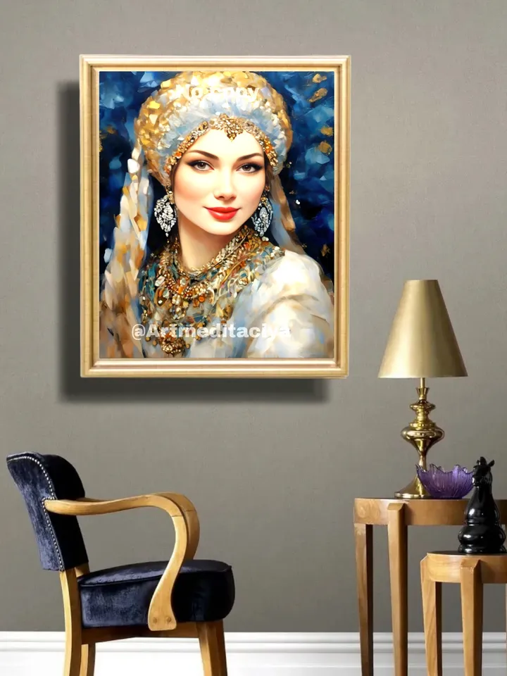 Digital abstract texture painting "Russian Snow Maiden", a blue-eyed blonde in a luxurious white winter outfit with gold elements on an abstract blue background, made in the ethnic style of oil painting with a palette knife