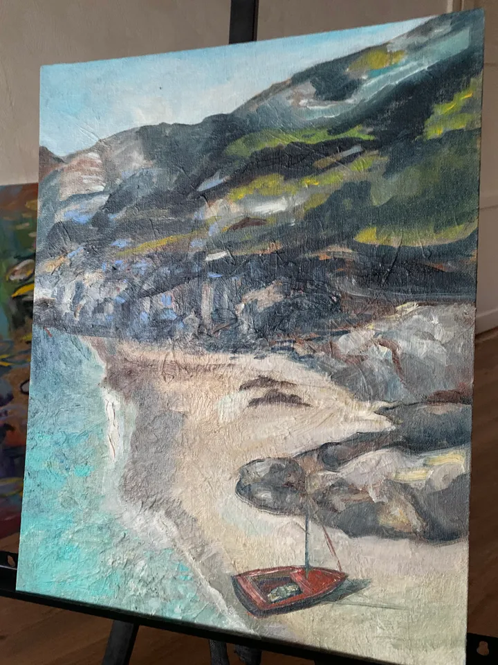 Seashore rocks sand boat texture oil painting